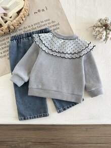 SHEIN 2pcs Toddler Girl Cardigan Denim Set Sweet Elegant Dusty Blue Polka Dot Mesh Ruffle Bow Long Sleeve Round Neck Birthday Fall Jean Cardigan Outfit - Grey - View 2