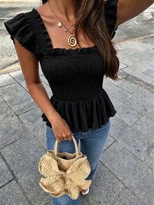 Selianne Casual Romantic Solid Color Short Flutter Sleeve Blouse With Ruffled Hemline, Perfect For Vacation Peplum Top Brunch Black Summer - Black - View 2