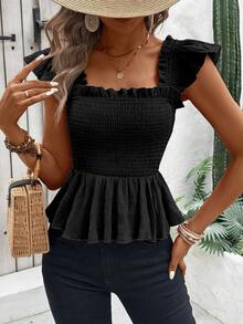 Selianne Casual Romantic Solid Color Short Flutter Sleeve Blouse With Ruffled Hemline, Perfect For Vacation Peplum Top Brunch Black Summer - Black - View 6