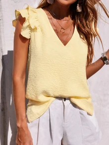 Selianne Summer Casual Elegant Tropical Solid Color Short Flutter Sleeve Blouse Vacation Pale Yellow Brunch - Light Yellow - View 6