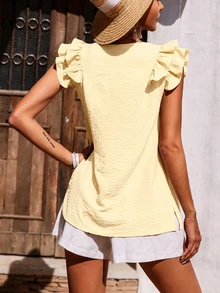 Selianne Summer Casual Elegant Tropical Solid Color Short Flutter Sleeve Blouse Vacation Pale Yellow Brunch - Light Yellow - View 2