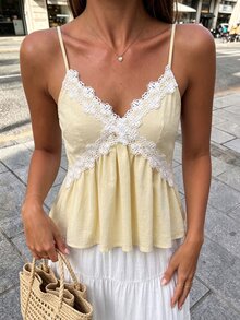 Flora Isola Flora Isola 女款春夏休閒度假沙灘純棉蕾絲飾邊A字版型素色細肩帶背心 - 黃色 - 查看 4
