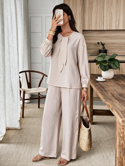 Elouméa Women's Light Apricot Casual Set, Bow Collar Long Sleeve + Long Pants, Loose Two Pieces Outfit For Daily Commute