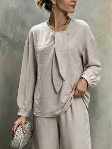Elouméa Women's Light Apricot Casual Set, Bow Collar Long Sleeve + Long Pants, Loose Two Pieces Outfit For Daily Commute - Apricot - View 5
