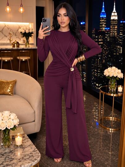 SOLERSUN Women's Dark Purple Long Sleeve Jumpsuit With Twisted Ruched Waist And Metal Detail, Elegant Wide Leg One Piece Party Semi Formal Dinner Fall/Winter