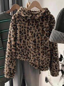 SHEIN LUNE Women's Casual Commute Hooded Sweatshirt Long Sleeve Autumn/Winter Leopard Print Basic Fashion Daily Wear Outfit - Brown - View 2