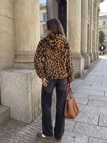 SHEIN LUNE Women's Casual Commute Hooded Sweatshirt Long Sleeve Autumn/Winter Leopard Print Basic Fashion Daily Wear Outfit - Brown - View 3