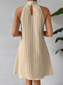 SHEIN Clasi Women's Apricot Halter Neck Textured Swing Mini Dress, Belt Not Included For Display Only - Apricot - View 2