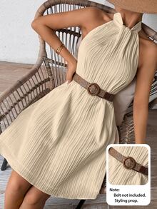 SHEIN Clasi Women's Apricot Halter Neck Textured Swing Mini Dress, Belt Not Included For Display Only - Apricot - View 6
