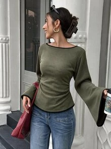 Selianne Women's Slim Fit Contrast Trim Knit Top, Wide Neckline, Dropped Shoulder, Flared Sleeves, Ruched Waist, Fall Brunch Olive Green Casual - Army Green - View 2