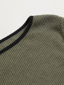 Selianne Women's Slim Fit Contrast Trim Knit Top, Wide Neckline, Dropped Shoulder, Flared Sleeves, Ruched Waist, Fall Brunch Olive Green Casual - Army Green - View 7