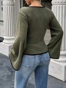 Selianne Women's Slim Fit Contrast Trim Knit Top, Wide Neckline, Dropped Shoulder, Flared Sleeves, Ruched Waist, Fall Brunch Olive Green Casual - Army Green - View 3