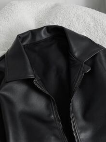 SHEIN Reset Phase Áo khoác giả da dáng rộng phong cách thường ngày tay dài nỉ cho thiếu nữ, form vừa, áo khoác thu đông - màu đen - Xem 5