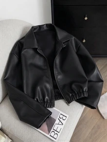 SHEIN Reset Phase Áo khoác giả da dáng rộng phong cách thường ngày tay dài nỉ cho thiếu nữ, form vừa, áo khoác thu đông - màu đen - Xem 8