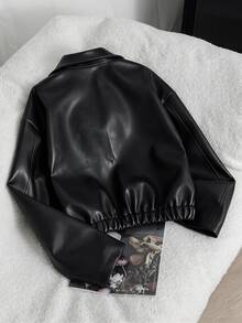 SHEIN Reset Phase Áo khoác giả da dáng rộng phong cách thường ngày tay dài nỉ cho thiếu nữ, form vừa, áo khoác thu đông - màu đen - Xem 4