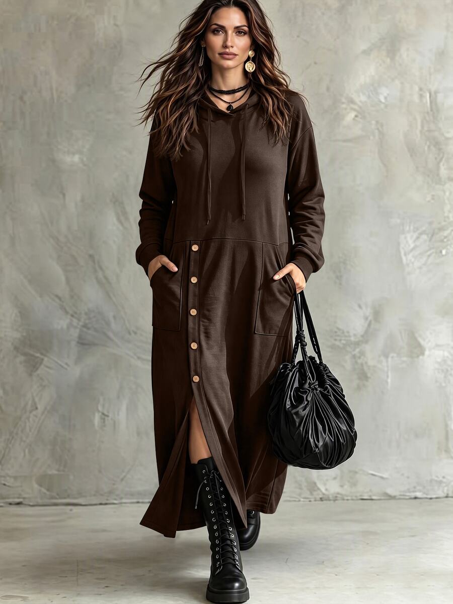 Linhara CURVE Women Plus Size Solid Black Hooded Drawstring Front Button Side Slit Long Sleeve Sweatshirt Dress Large Pockets Loose Drop Shoulder Straight Dress Vintage Casual Commute Spring Autumn Versatile Daily Travel New Style - Brown - View 1