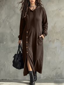 Linhara CURVE Women Plus Size Solid Black Hooded Drawstring Front Button Side Slit Long Sleeve Sweatshirt Dress Large Pockets Loose Drop Shoulder Straight Dress Vintage Casual Commute Spring Autumn Versatile Daily Travel New Style - Brown - View 3