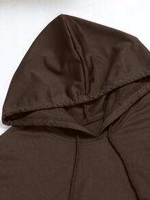 Linhara CURVE Women Plus Size Solid Black Hooded Drawstring Front Button Side Slit Long Sleeve Sweatshirt Dress Large Pockets Loose Drop Shoulder Straight Dress Vintage Casual Commute Spring Autumn Versatile Daily Travel New Style - Brown - View 5