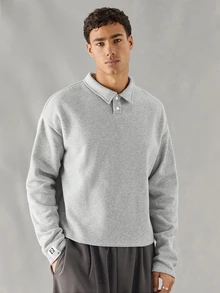 SWAVVY Knitted Fashionable Casual Men's Plain Long Sleeve Half Placket Loose Polo Shirt, For Friends, Fall - Grey - View 5