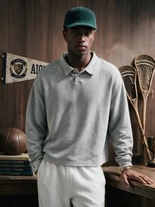 SWAVVY Knitted Fashionable Casual Men's Plain Long Sleeve Half Placket Loose Polo Shirt, For Friends, Fall - Grey - View 1
