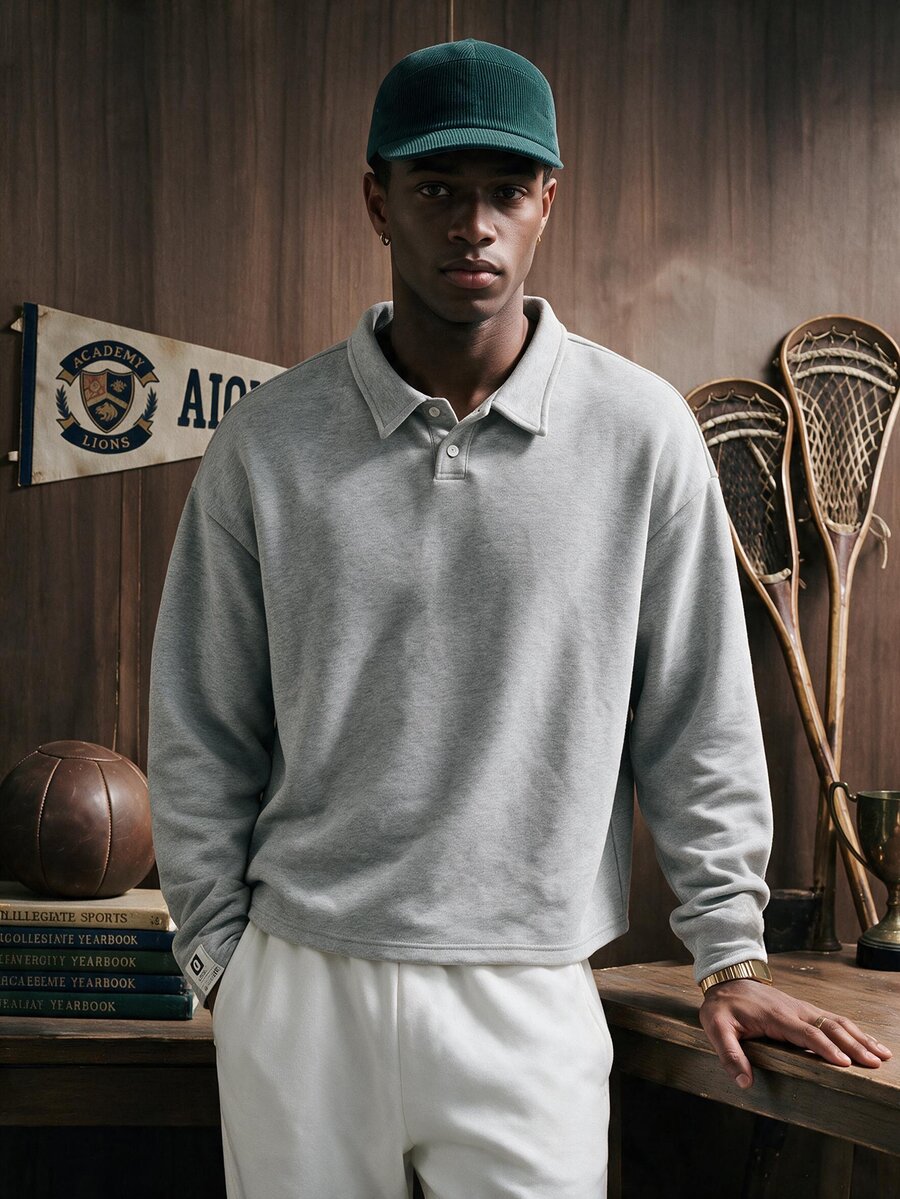 SWAVVY Knitted Fashionable Casual Men's Plain Long Sleeve Half Placket Loose Polo Shirt, For Friends, Fall - Grey - View 1