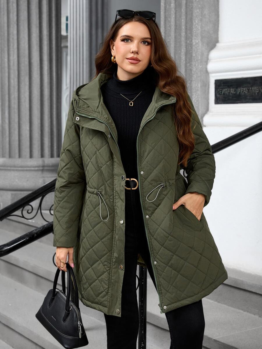 EMERY ROSE معطف مبطن طويل الأكمام للنساء مقاس كبير، بغطاء رأس وسحاب وأزرار كبس وخصر برباط وجيوب مائلة، كاجوال مبطن، ملابس خريف/شتاء، مناسب للارتداء في عيد الميلاد والخريف - أخضر عسكري - مشاهدة 1
