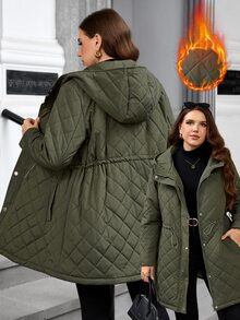 EMERY ROSE معطف مبطن طويل الأكمام للنساء مقاس كبير، بغطاء رأس وسحاب وأزرار كبس وخصر برباط وجيوب مائلة، كاجوال مبطن، ملابس خريف/شتاء، مناسب للارتداء في عيد الميلاد والخريف - أخضر عسكري - مشاهدة 8