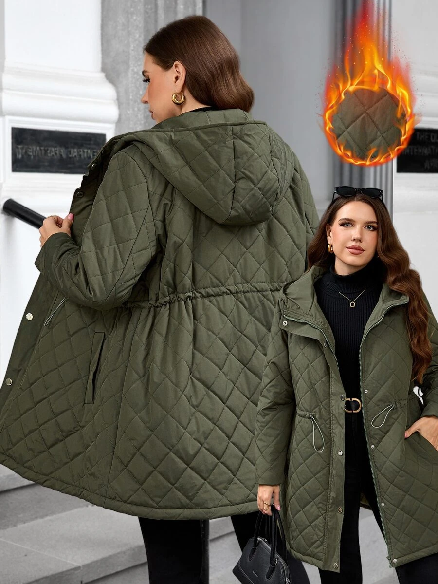 EMERY ROSE Plus Size Women's Hooded Zip-Up Snap Button Placket Drawstring Waist Slanted Pockets, Casual Quilted Long Sleeve Padded Coat, Autumn/Winter Apparel, Suitable For Christmas And Autumn Wear - Army Green - View 1