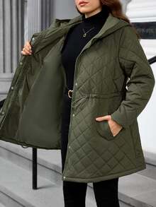 EMERY ROSE معطف مبطن طويل الأكمام للنساء مقاس كبير، بغطاء رأس وسحاب وأزرار كبس وخصر برباط وجيوب مائلة، كاجوال مبطن، ملابس خريف/شتاء، مناسب للارتداء في عيد الميلاد والخريف - أخضر عسكري - مشاهدة 3