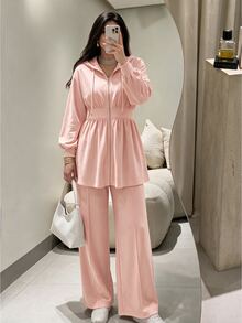 Seusyu Burgundy Slimming Zip-Up Hooded Casual Long Sleeve Jacket & Pants 2 Pieces Set For Women, Autumn/Winter - Pink - View 3