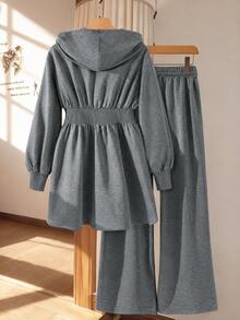 Seusyu Women Spring Fall Heather Grey Hooded Zip Up Fitted Waist Peplum Top Wide Leg Pants Two Pieces Set Casual Outfit For Home Daily - Grey - View 2