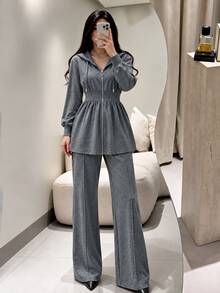 Seusyu Women Spring Fall Heather Grey Hooded Zip Up Fitted Waist Peplum Top Wide Leg Pants Two Pieces Set Casual Outfit For Home Daily - Grey - View 9