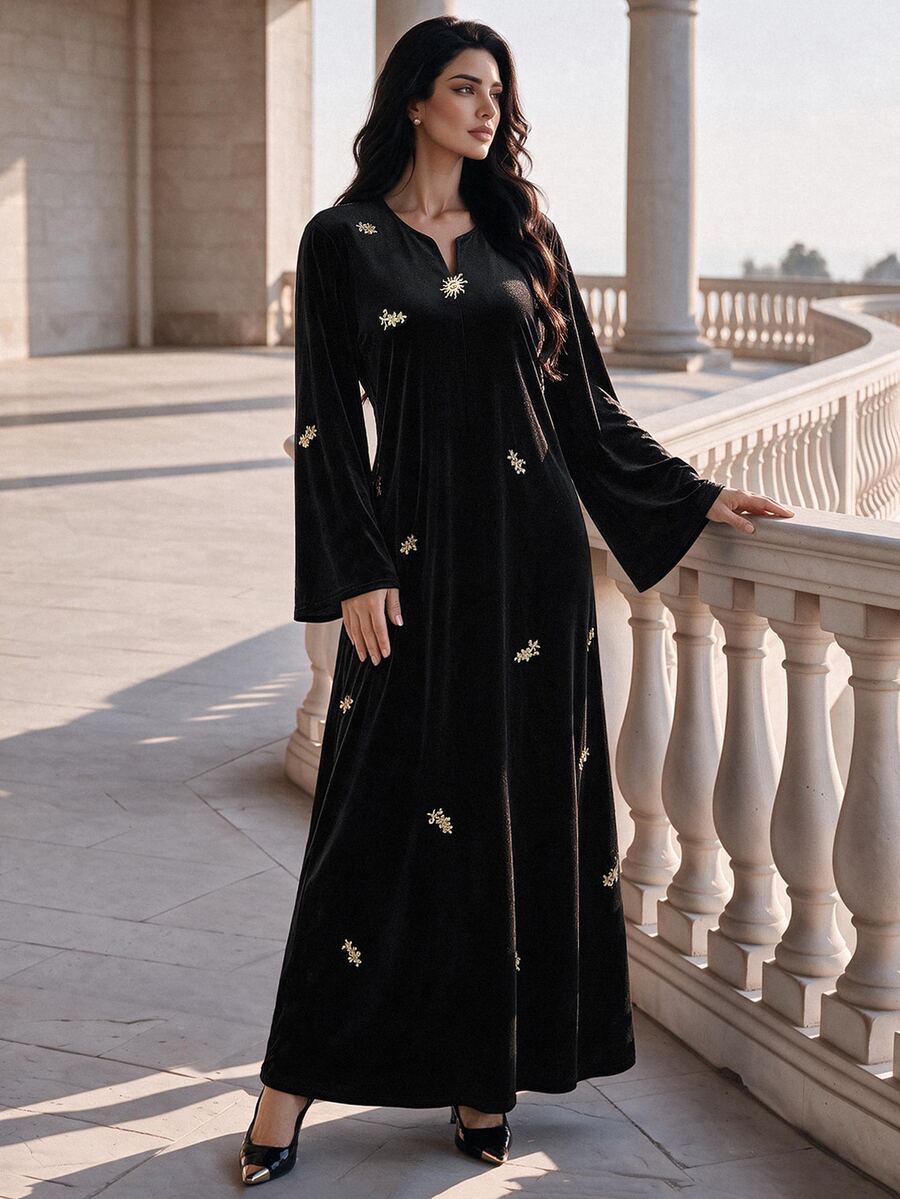 Al Najma V-Neck Embroidered Velvet Elegant Dress With Sophisticated Elegant - Black - View 1