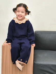 Dazy Kids Baby Girl Contrast Color Long Sleeve Top And Pants Casual Everyday Knit Set Fall - Grey - View 8
