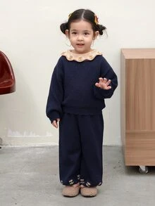 Dazy Kids Baby Girl Contrast Color Long Sleeve Top And Pants Casual Everyday Knit Set Fall - Grey - View 4