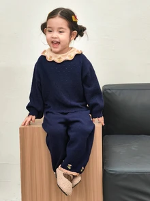 Dazy Kids Baby Girl Contrast Color Long Sleeve Top And Pants Casual Everyday Knit Set Fall - Grey - View 6