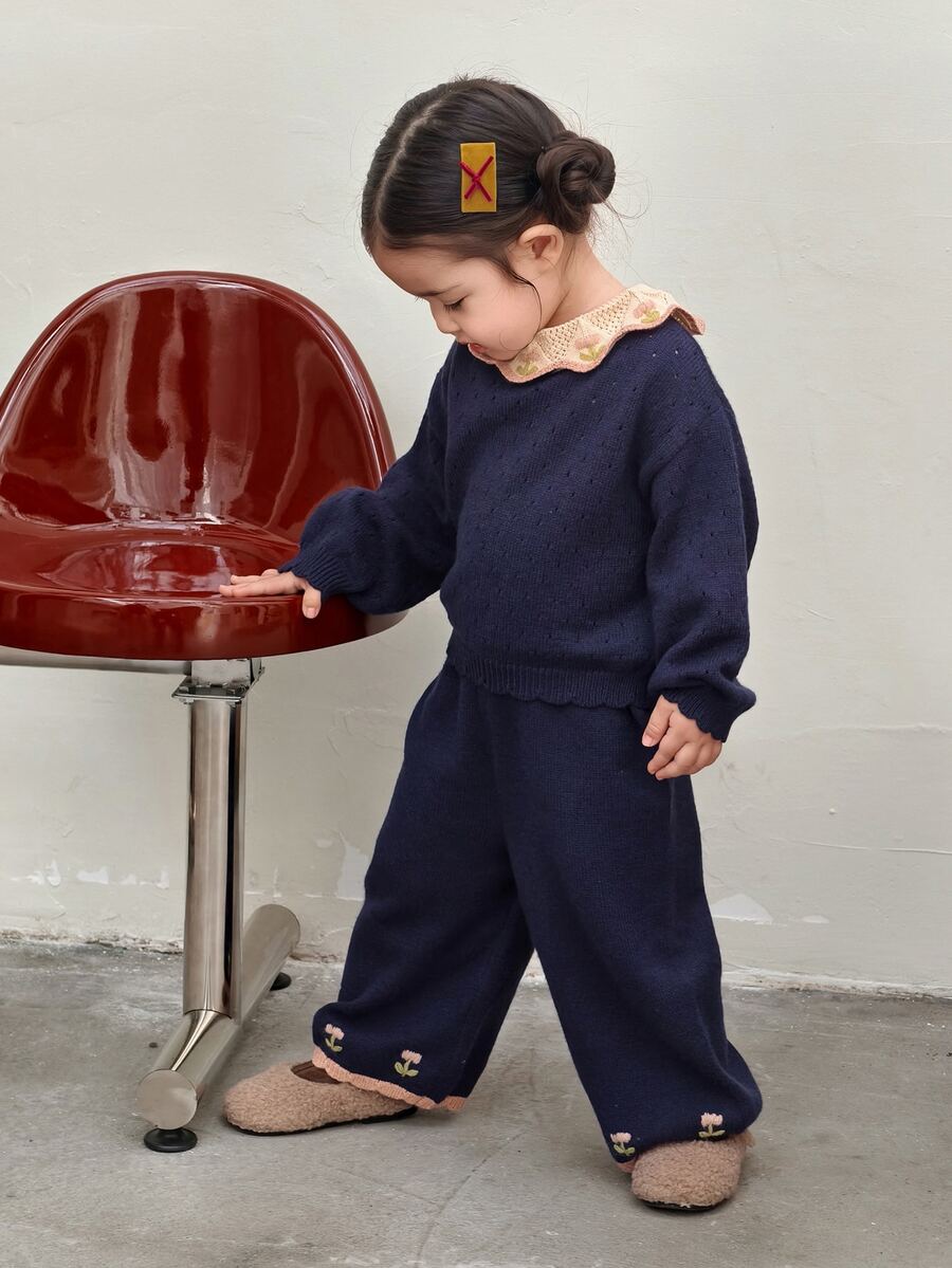 Dazy Kids Baby Girl Contrast Color Long Sleeve Top And Pants Casual Everyday Knit Set Fall - Grey - View 1