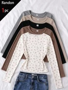SHEIN 青少年女孩秋冬碎花長袖T恤，粉色圓領休閒百搭上衣，適合日常穿著、上學穿搭，柔軟舒適女孩上衣 - 粉色 - 查看 4