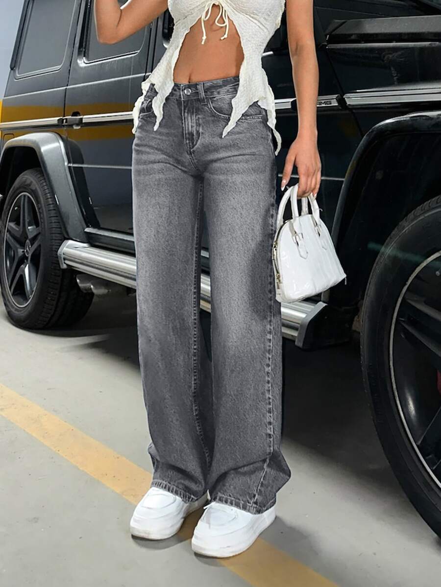 EURMUSE Damnsmöriga mörkgrå tvättade jeans med vida ben, avslappnade retro baggy, antisocial alternativ stil, kurviga, formella, för semester, klubb, utgång, strand, kväll och vinter - Mörktvätt - Visa 1