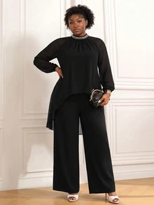 CurvyTilda Women's Plus Size Ruched Halter Neck Sequin Patchwork Raglan Long Sleeve 2-Piece Set High Waist Loose Wide Leg Pants Outfit Fall - Black - View 3