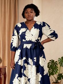 CurvyTilda Plus Size Solid Color Print Cross Neck Short Sleeve Flowy Dress Wedding Day Wedding Guest Fall - Blue and White - View 4