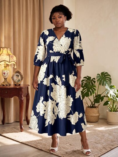 CurvyTilda Plus Size Solid Color Print Cross Neck Short Sleeve Flowy Dress Wedding Day Wedding Guest Fall