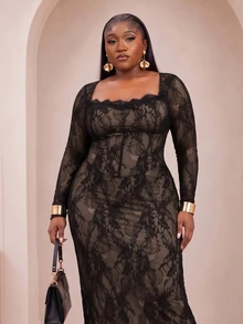 CurvyTilda 大码女式纯黑色优雅修身长袖蕾丝连衣裙，黑色蕾丝性感透视拼接褶饰女式长袖蕾丝连衣裙，外出连衣裙，黑色蕾丝连衣裙 - 黑色 - 查看 3