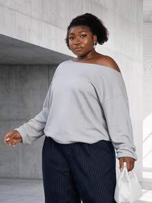 CurvyTilda 女款休閒柔軟修身灰色淺藍露肩寬鬆長袖運動衫，非季節性衣物，適合秋季辦公室、度假、機場穿著 - 淺灰色 - 查看 2