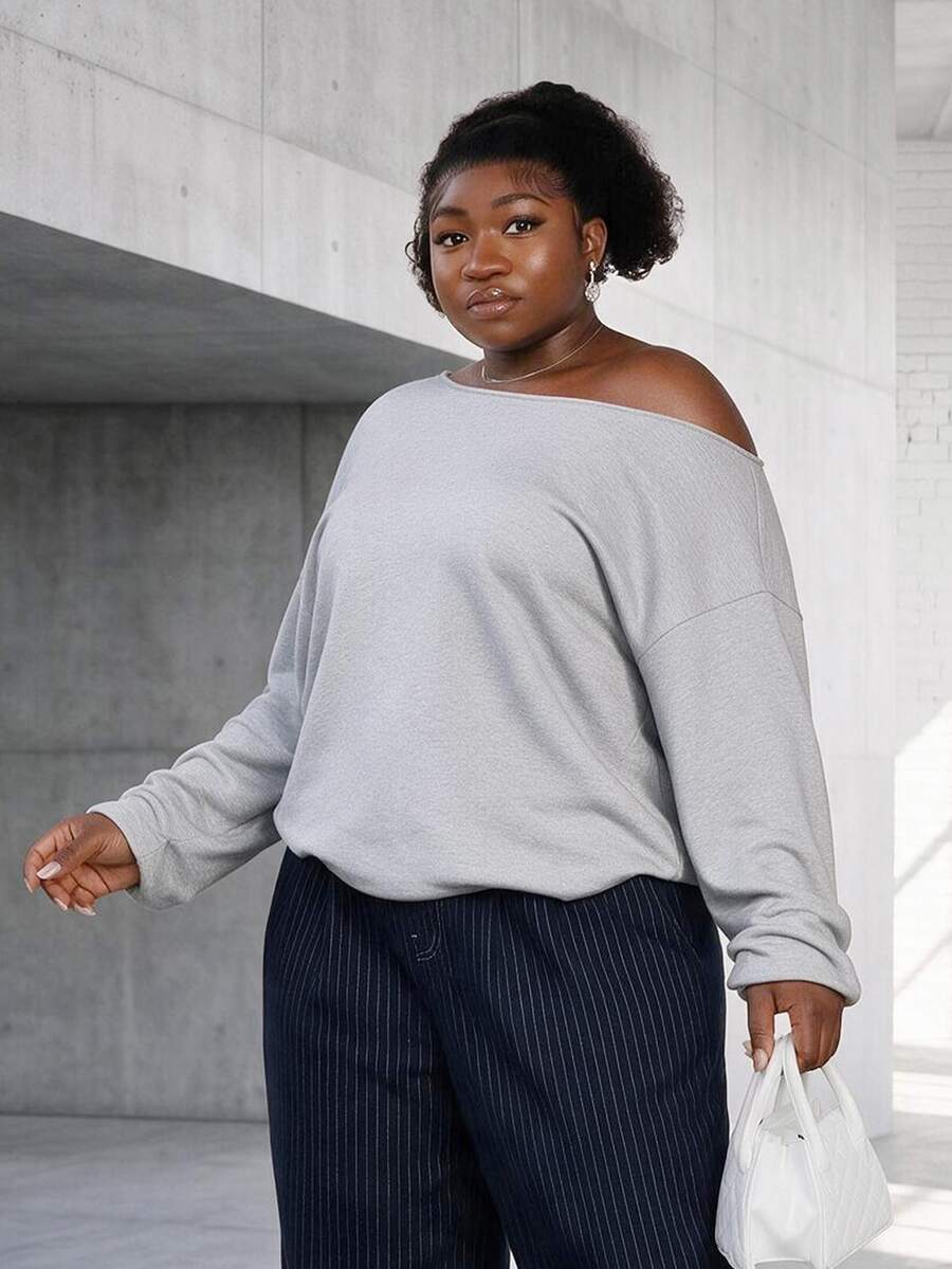CurvyTilda 女款休閒柔軟修身灰色淺藍露肩寬鬆長袖運動衫，非季節性衣物，適合秋季辦公室、度假、機場穿著