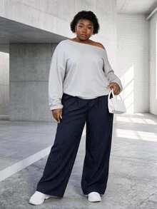 CurvyTilda 女款休閒柔軟修身灰色淺藍露肩寬鬆長袖運動衫，非季節性衣物，適合秋季辦公室、度假、機場穿著 - 淺灰色 - 查看 5