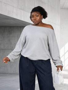 CurvyTilda 女款休閒柔軟修身灰色淺藍露肩寬鬆長袖運動衫，非季節性衣物，適合秋季辦公室、度假、機場穿著 - 淺灰色 - 查看 4