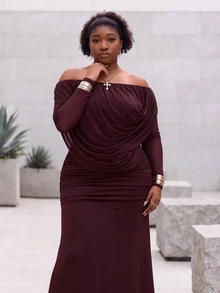 CurvyTilda Plus Size Women's Ruched Burgundy Dress, Fitted Elegant 1920s Party Formal, Suitable For Dating, Afternoon Tea, Wedding Autumn, Teacher Outfits Fall - Pink - View 1