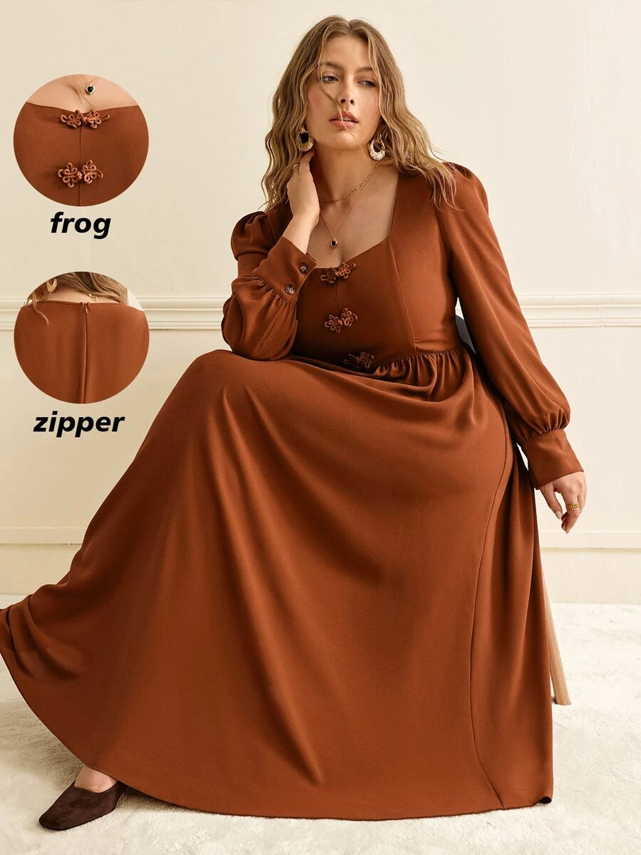 Écloséra Curve Women's Plus Size Brown A-Line Dress With Frog Buttons, Casual Elegant Romantic Style For Autumn/Winter Daily Wear, Office And Party - Brown - View 1