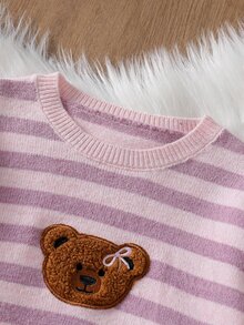 Tween Girl Sweater Set, New Autumn/Winter Mid-Weight Lotus Pink And Light Pink Striped Heavy Embroidery Bear Cute Bow Long Sleeve Drop Shoulder Round Neck Peach Top + Lotus Pink Knitted Long Pants, Soft And Comfortable Fabric, Suitable For Spring, Autumn, Winter, Outerwear And Inner Layering For Multiple Occasions - Pink - View 7